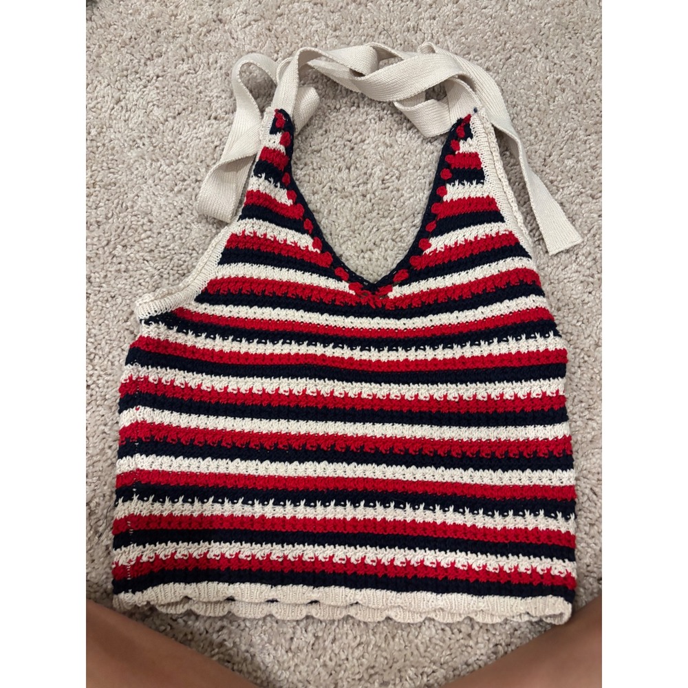 Crochet Halter Top Moon & Madison Striped Knit Tank Red White Blue Small NWT